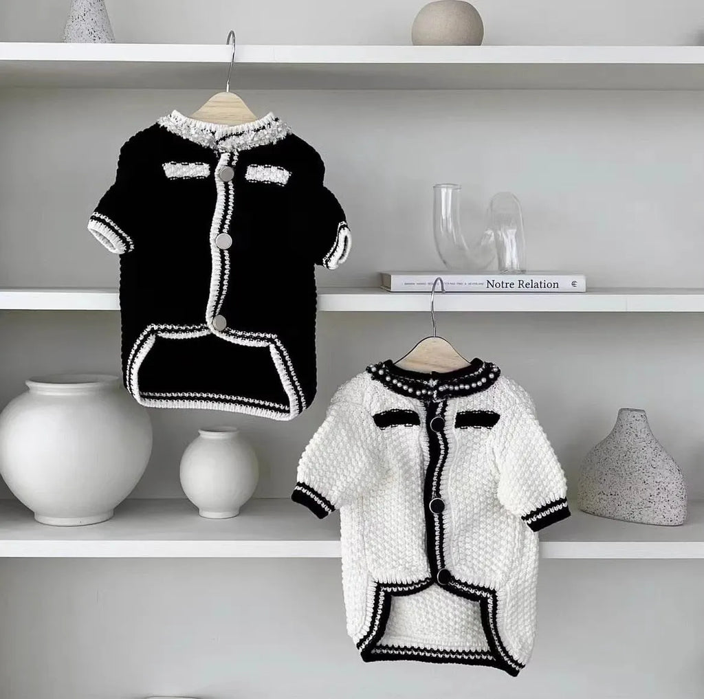 Korean princess style dog sweater with pearl collar for small dogs in black and white colours