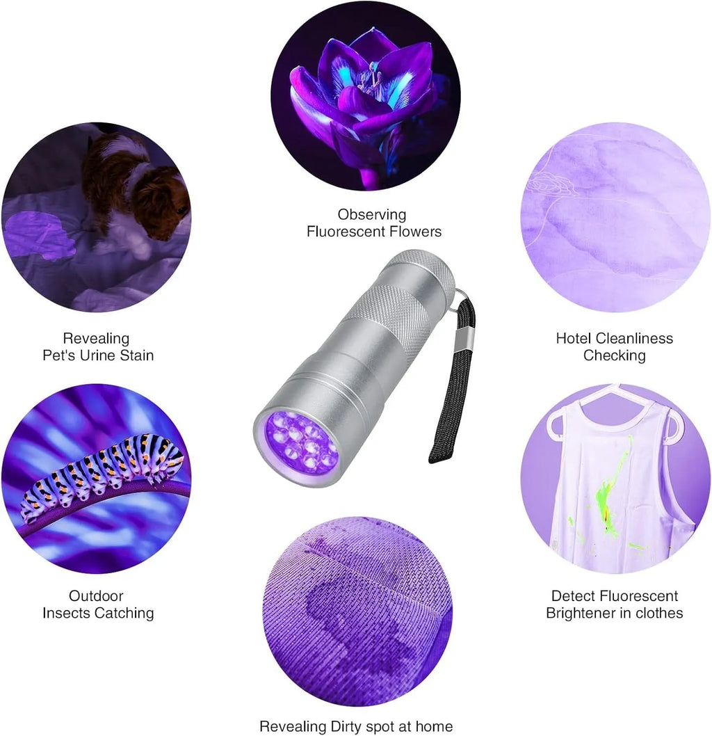 Black aluminium alloy UV flashlight for detecting pet urine stains and pests with 395-400nm wavelength