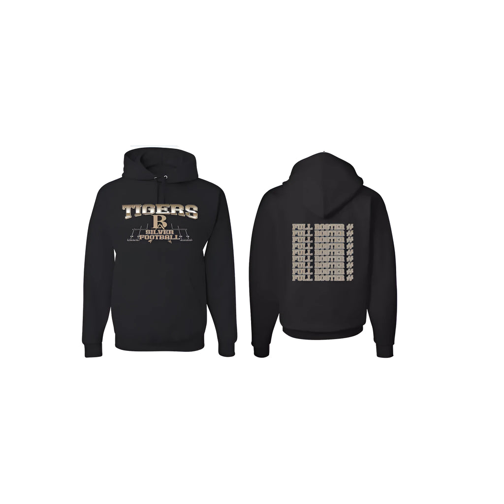 Black drop-shoulder sleeve pullover hoodie on a model, showing relaxed fit.