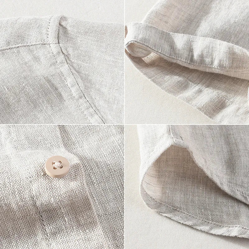 Men's casual linen shirt with square collar and short sleeves in raw jute colour.