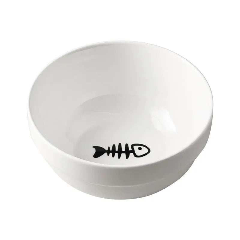 White ceramic pet bowl with cat paw print pattern in black iron frame stand