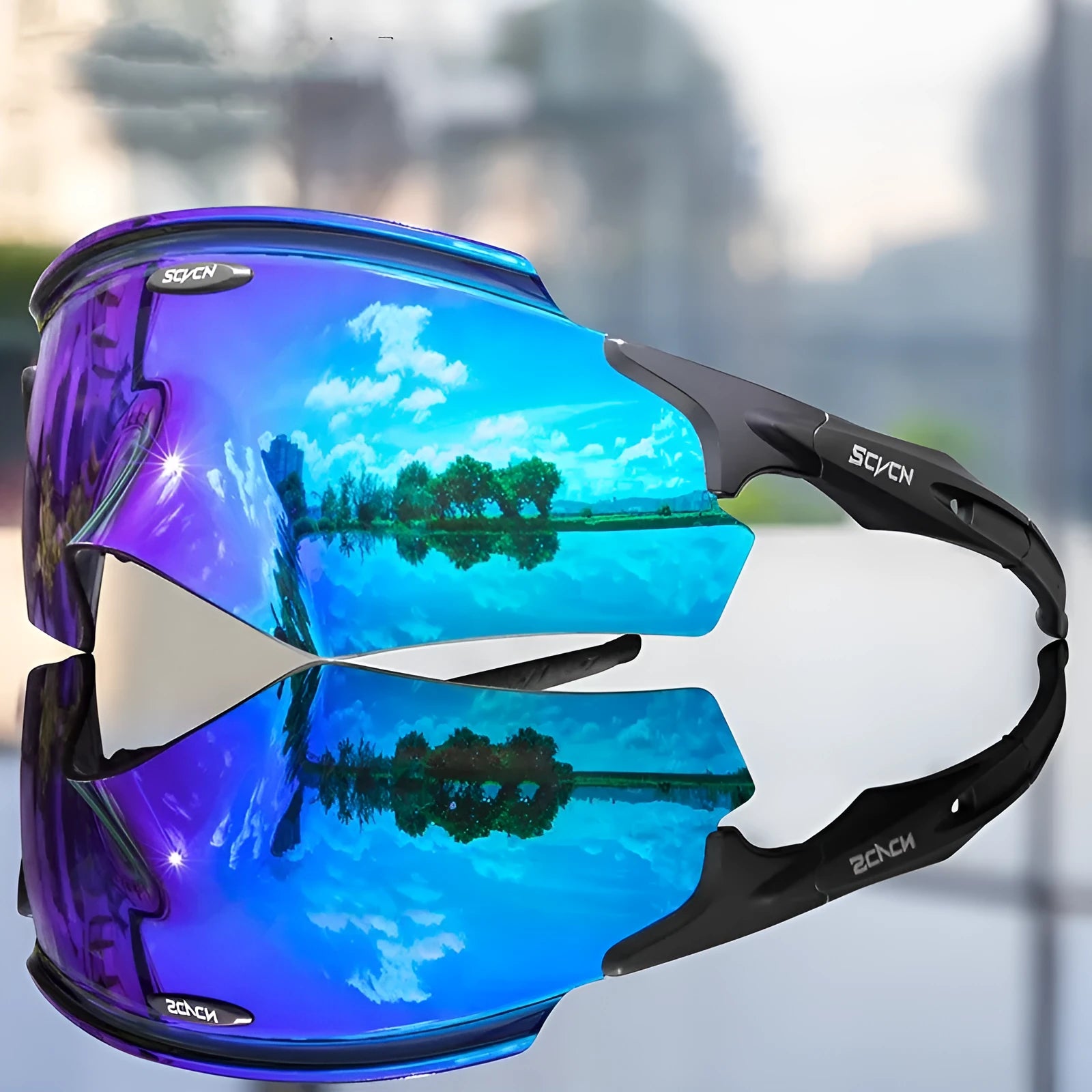 Frameless integrated lens windproof sports goggles in multiple colour styles.