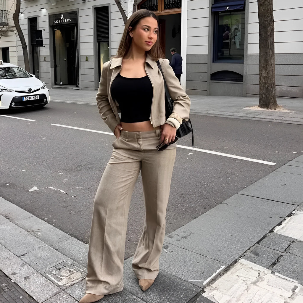 Women's herringbone pattern long sleeve coat and straight-leg pants suit set with 3D effect
