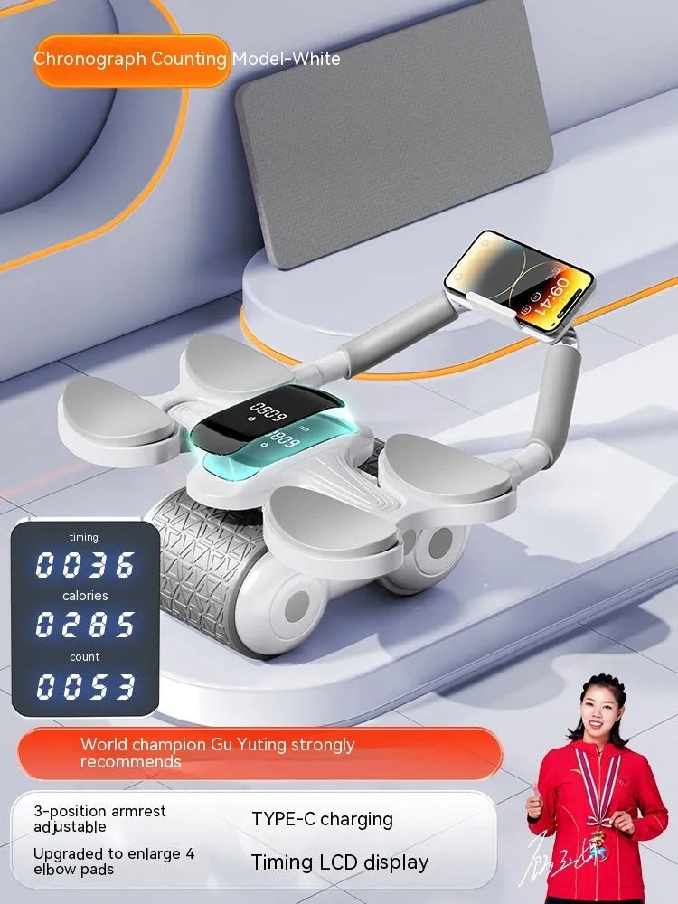 White intelligent abdominal roller fitness equipment with LED large screen timing counter and included hassock