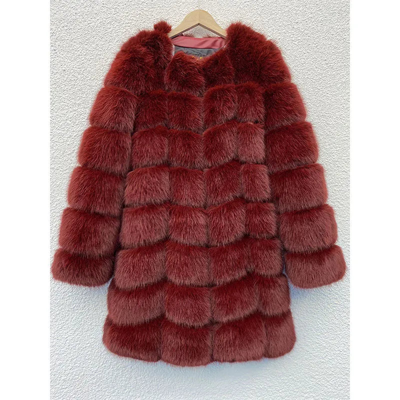 Women's thick artificial fur coat in multiple colours with 80cm length and regular sleeves