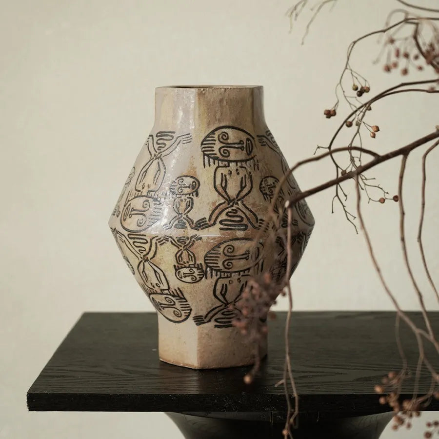 Hand-painted ceramic cylindrical vase with tribal totem flower patterns