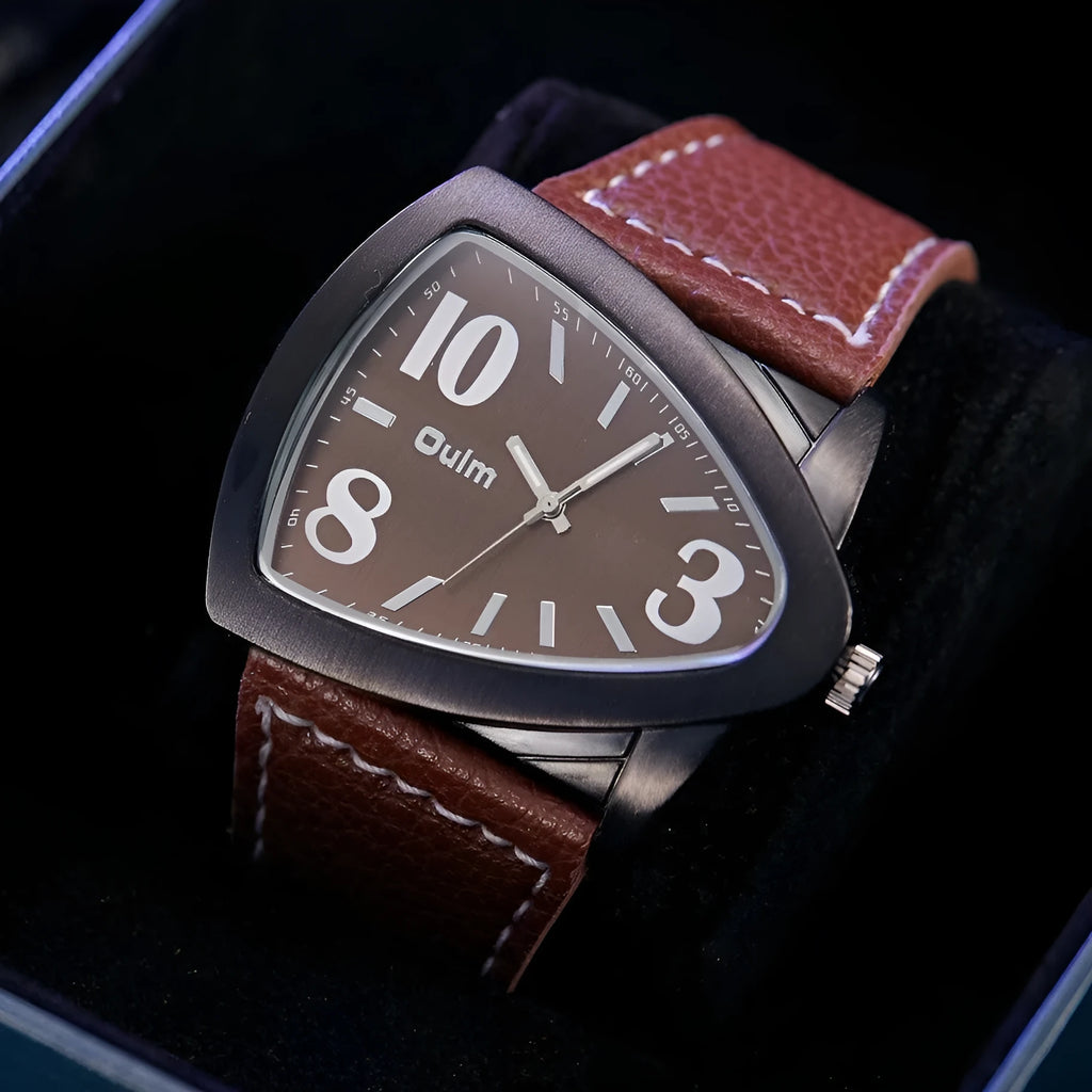 Men's casual watch with a triangular belt, slim case, on wrist showing brown, black, and blue colour variants.