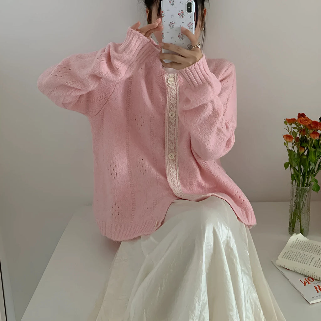Artistic retro loose-fit Korean sweater coat in viscose fibre, shown in apricot colour.