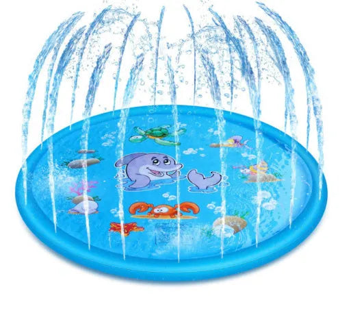 Blue PVC children's water spray mat with marine animal designs measuring 100cm by 170cm