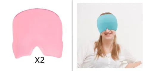 Black adjustable cold compress gel eye mask for headache relief on a plain background.