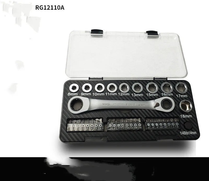 Dual-purpose ratchet wrench set with two-way mechanism, 10 sockets and 3 bit heads arranged on work surface
