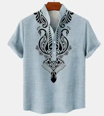 Men's striped casual linen-style shirt with personalised buttons on a hanger