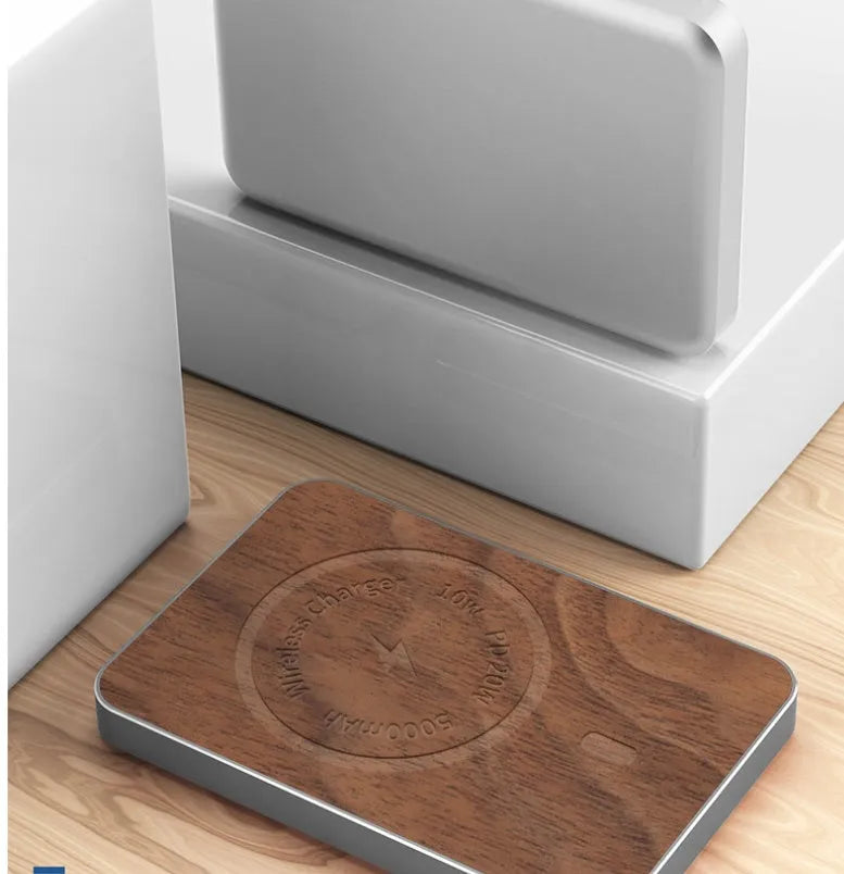 Khaki magnetic wireless charging bank with 5000mAh capacity and USB port