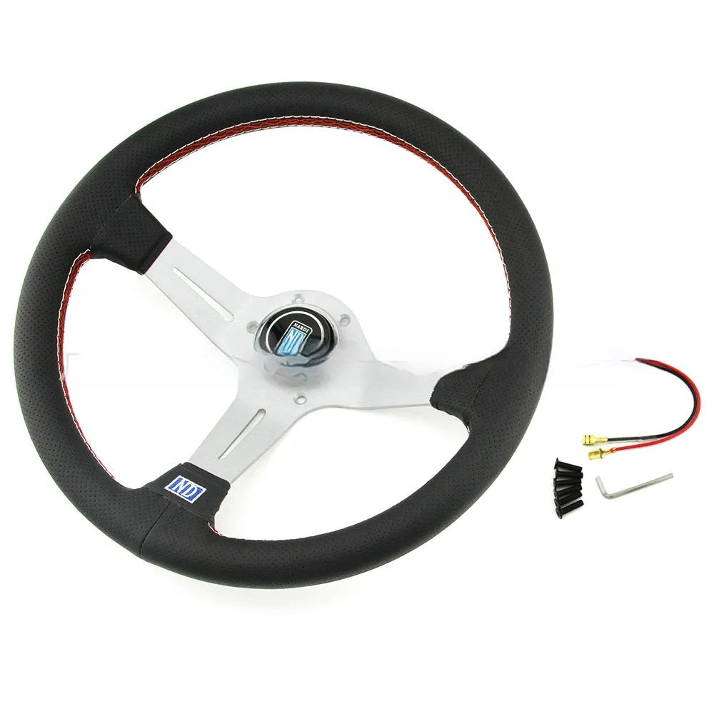Leather 14-inch middle concave steering wheel showing silver black colour with skeleton construction