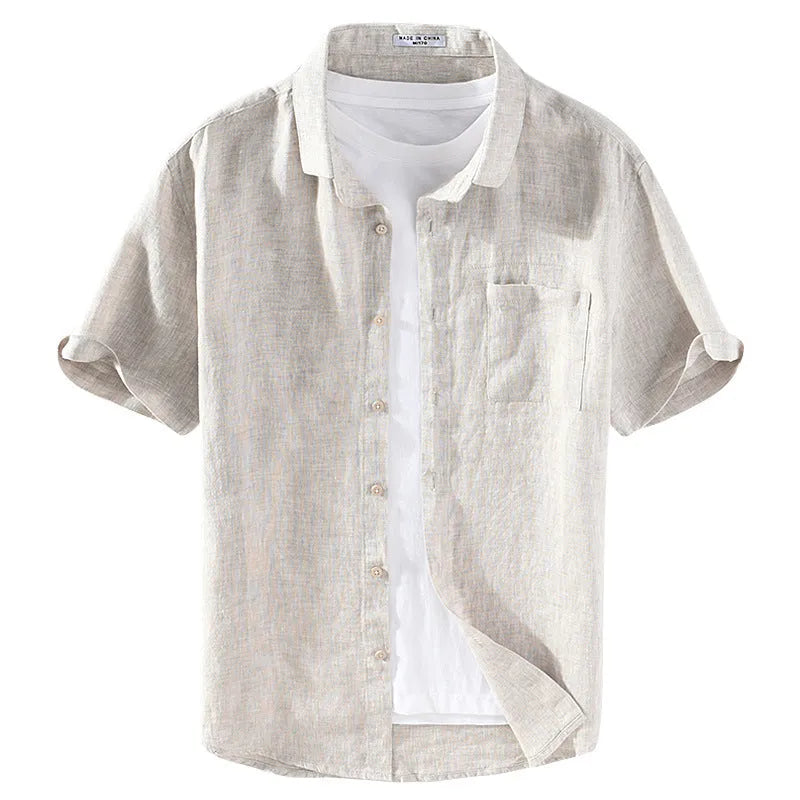 Men's casual linen shirt with square collar and short sleeves in raw jute colour.