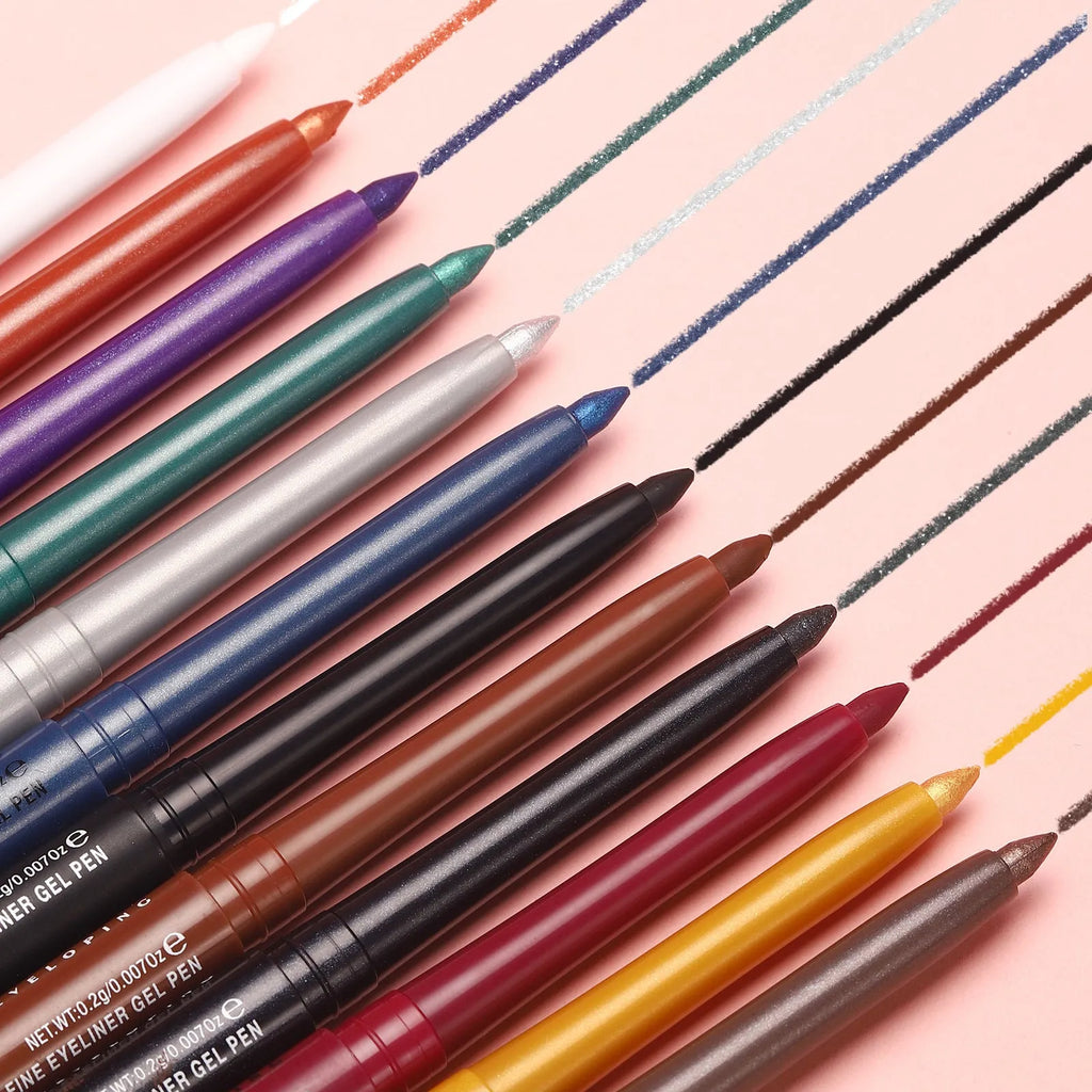 12 colourful gel eyeliner pencils in vibrant shades including glitter and metallic finishes