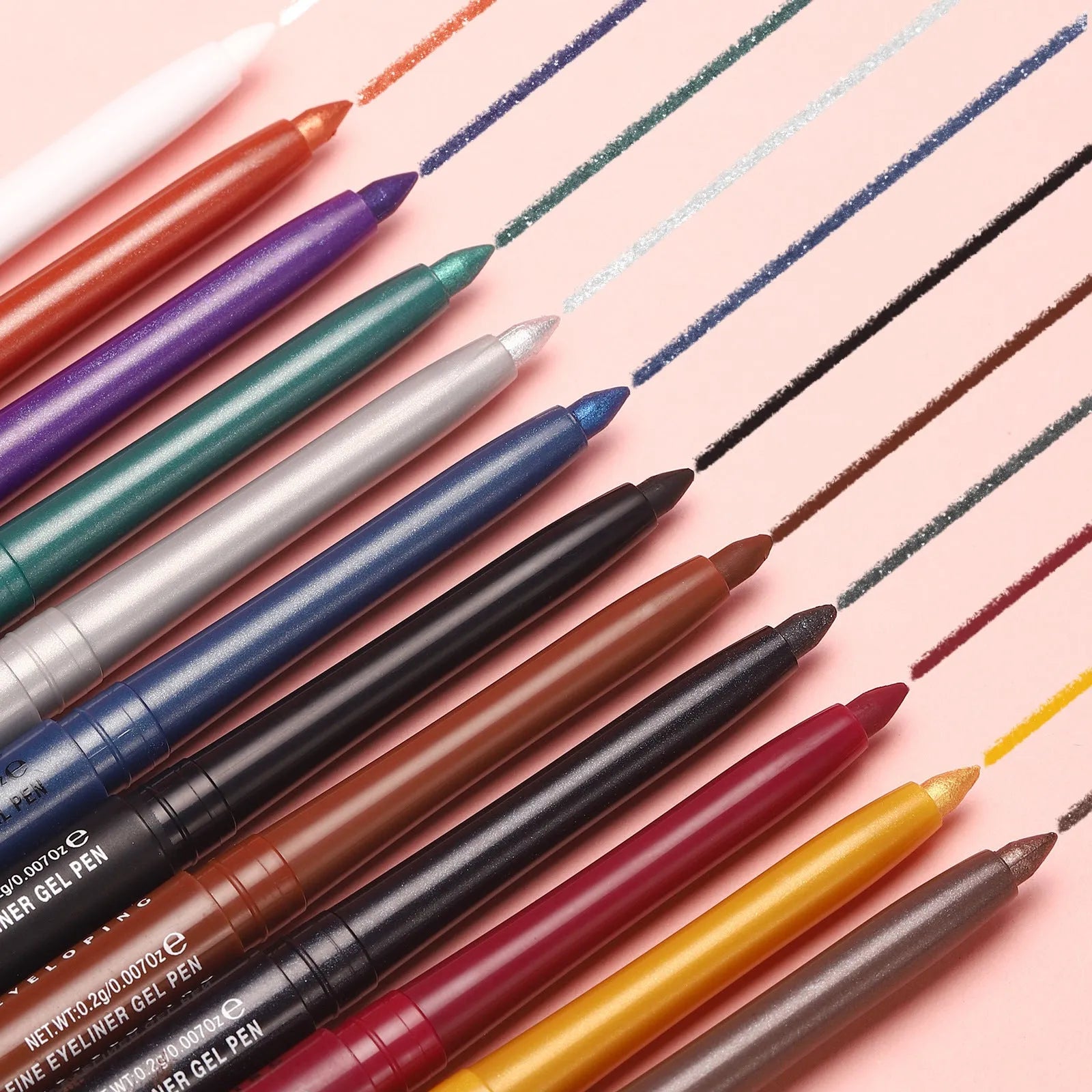 12 colourful gel eyeliner pencils in vibrant shades including glitter and metallic finishes