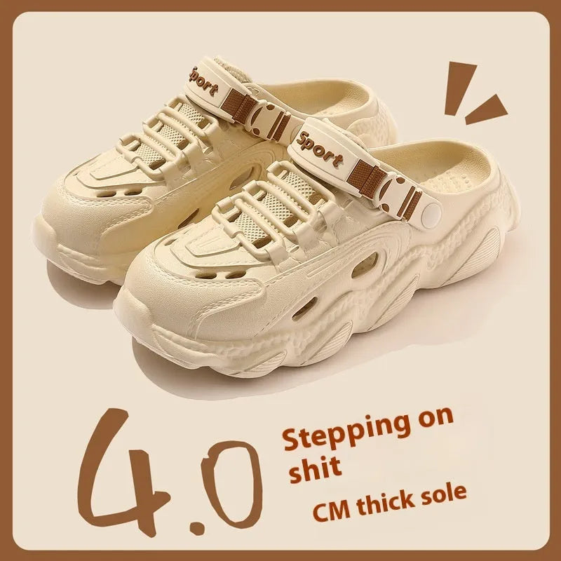 Men's khaki outdoor slippers with a breathable design and textured EVA sole.