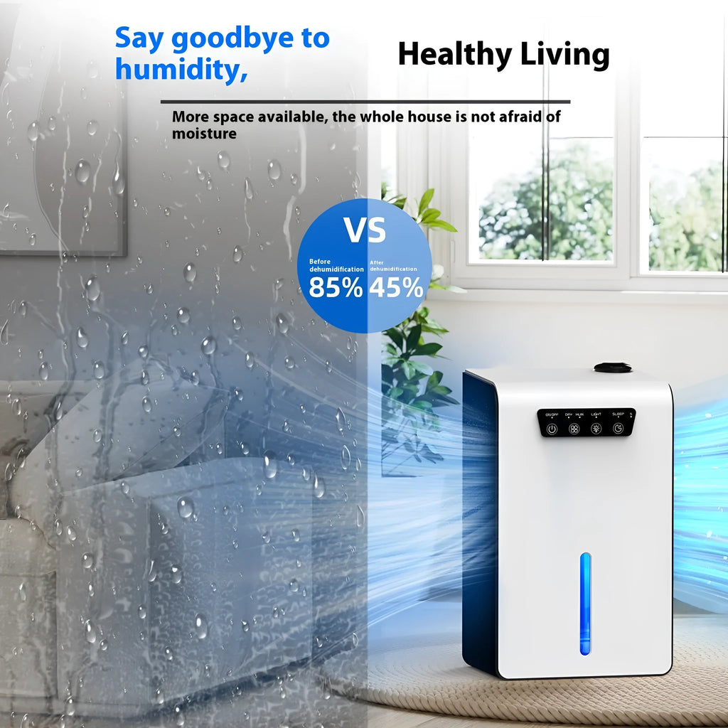 Milky white small household dehumidifier for bedroom use on a floor
