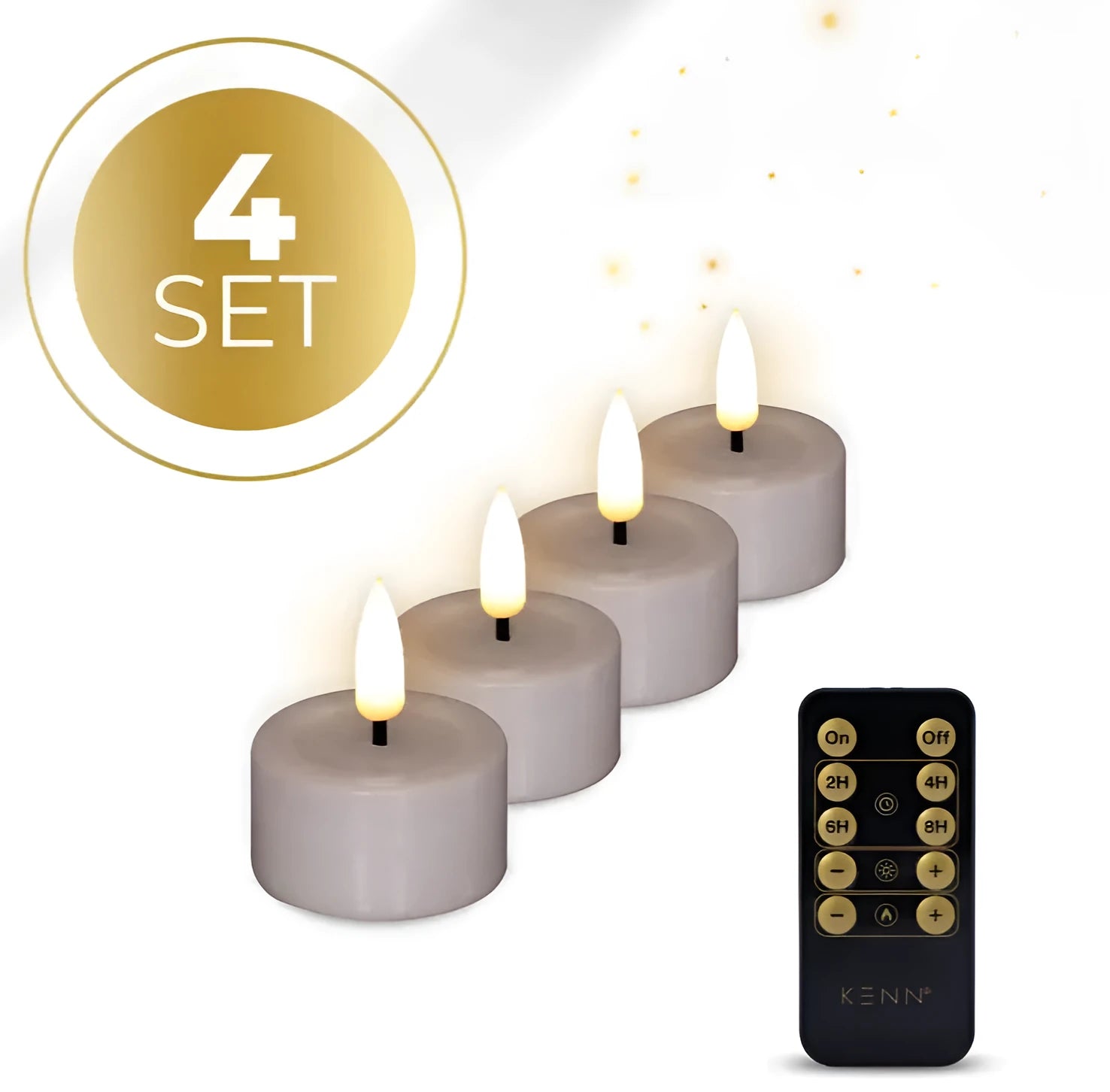 Four taupe-coloured LED tealight candles showing their flickering flame effect.
