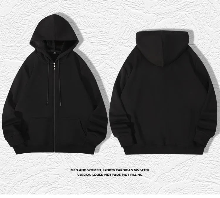 Men's plus size 420g hooded zip-up sweater in loose cardigan style with top-stitched pockets