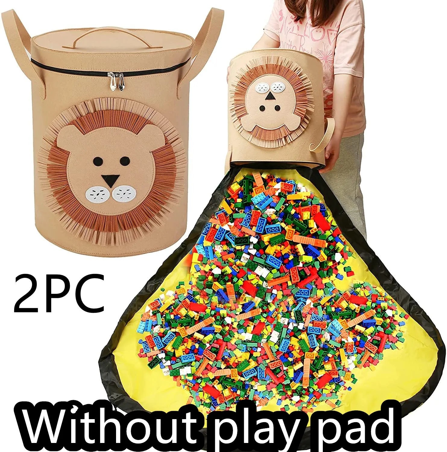 Green felt cube storage bag with pull rope serving as toy organiser and play mat