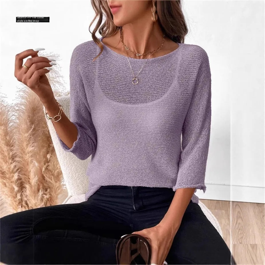 Women's thin knitted off-shoulder top in polyester with a 3D pattern, shown in a light colour.