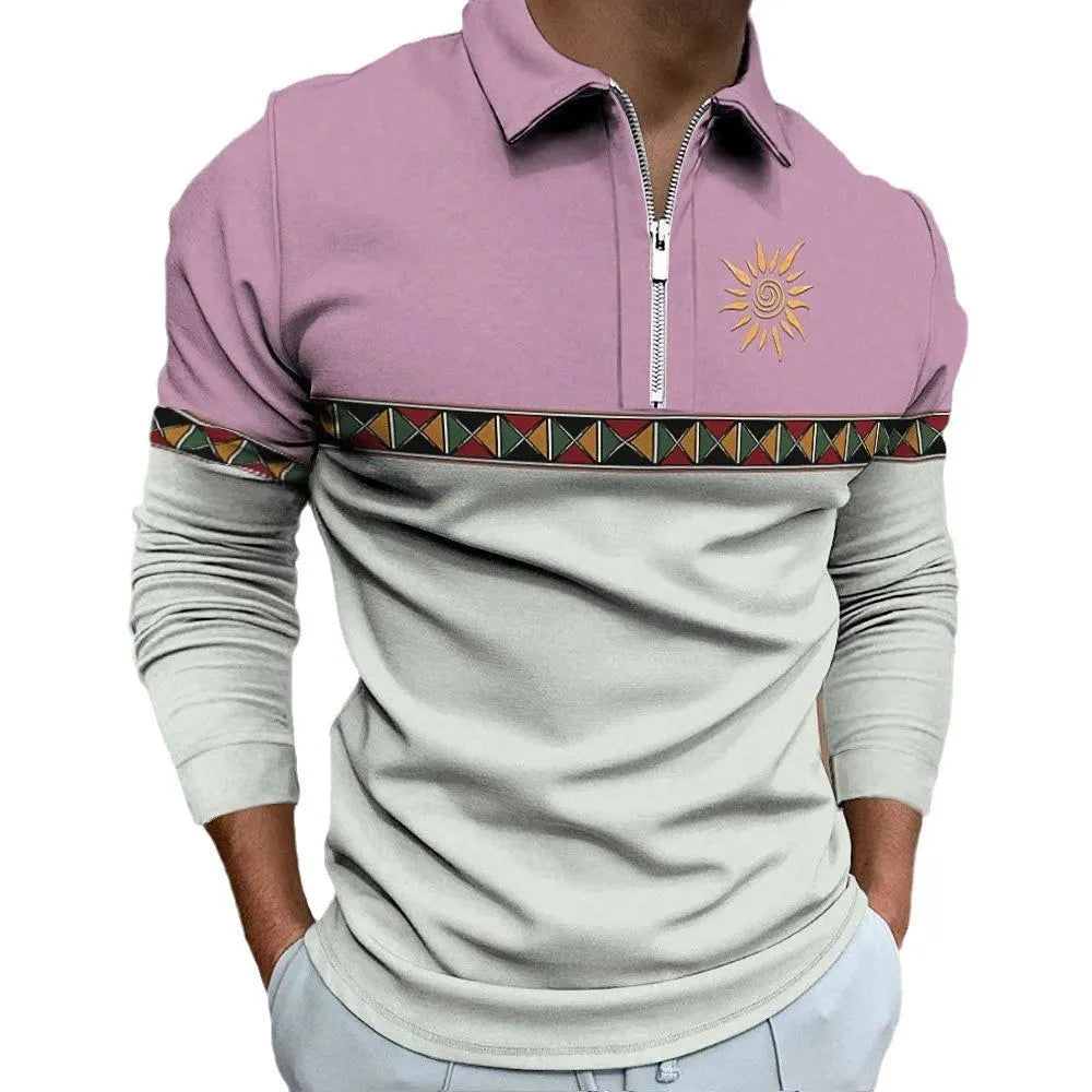 Men's striped retro print golf t-shirt with long sleeves and zipper details in loose fit