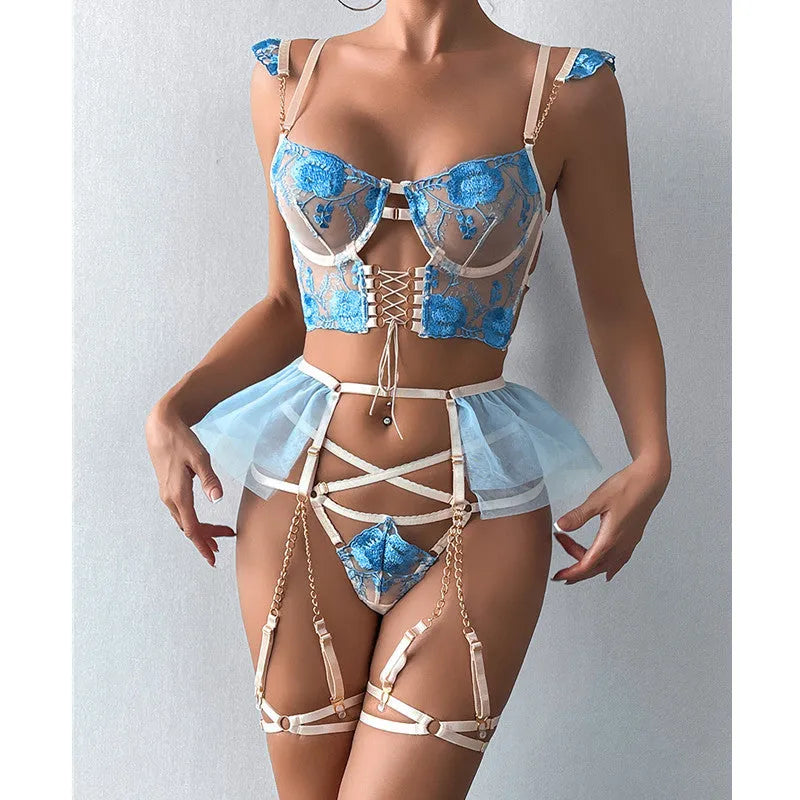Light blue embroidered lace push-up bra and pants set with transparent mesh detail