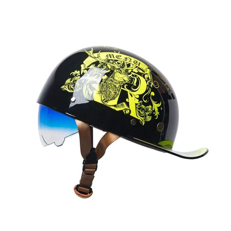 Retro-style half helmet for electric bicycles in bright black with a gradient blue tinted lens.