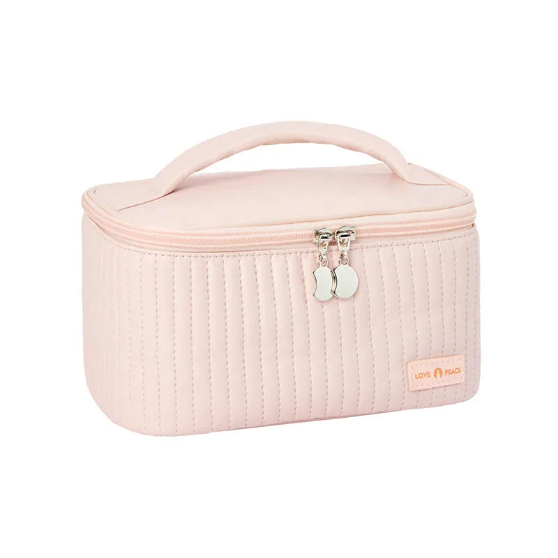 Open-top PU leather makeup bag in a choice of six solid colours: pink, coffee, beige, light blue, light green, light purple.