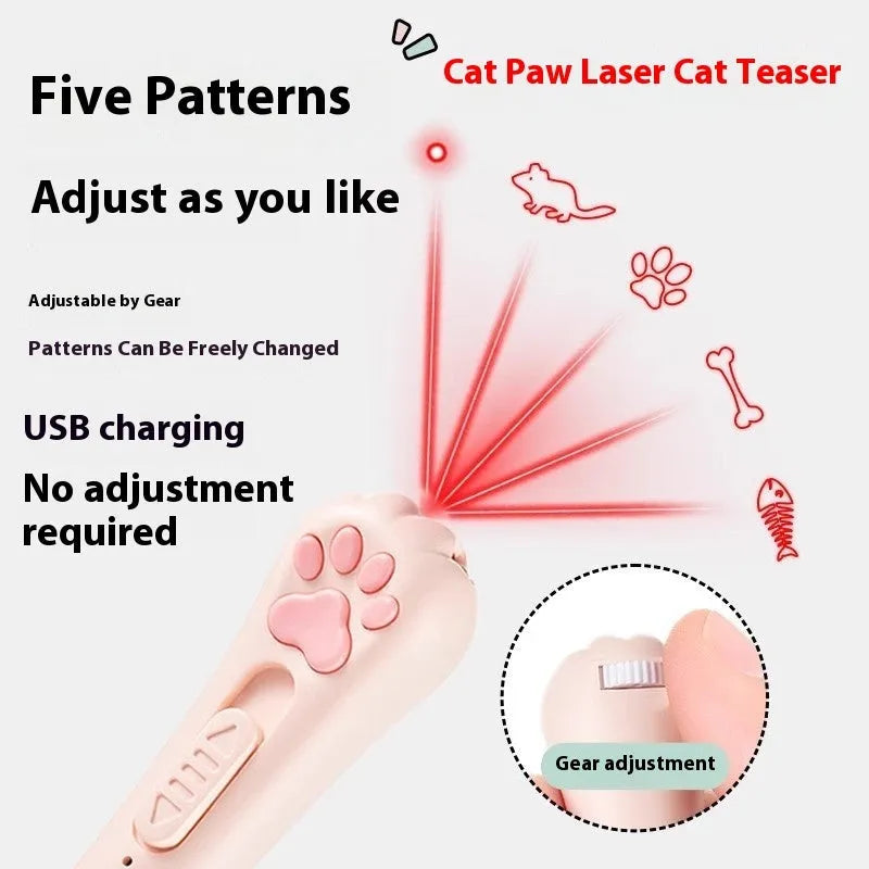 Charging cat teaser pet toy with pen light in cream white, pink, or sky blue.