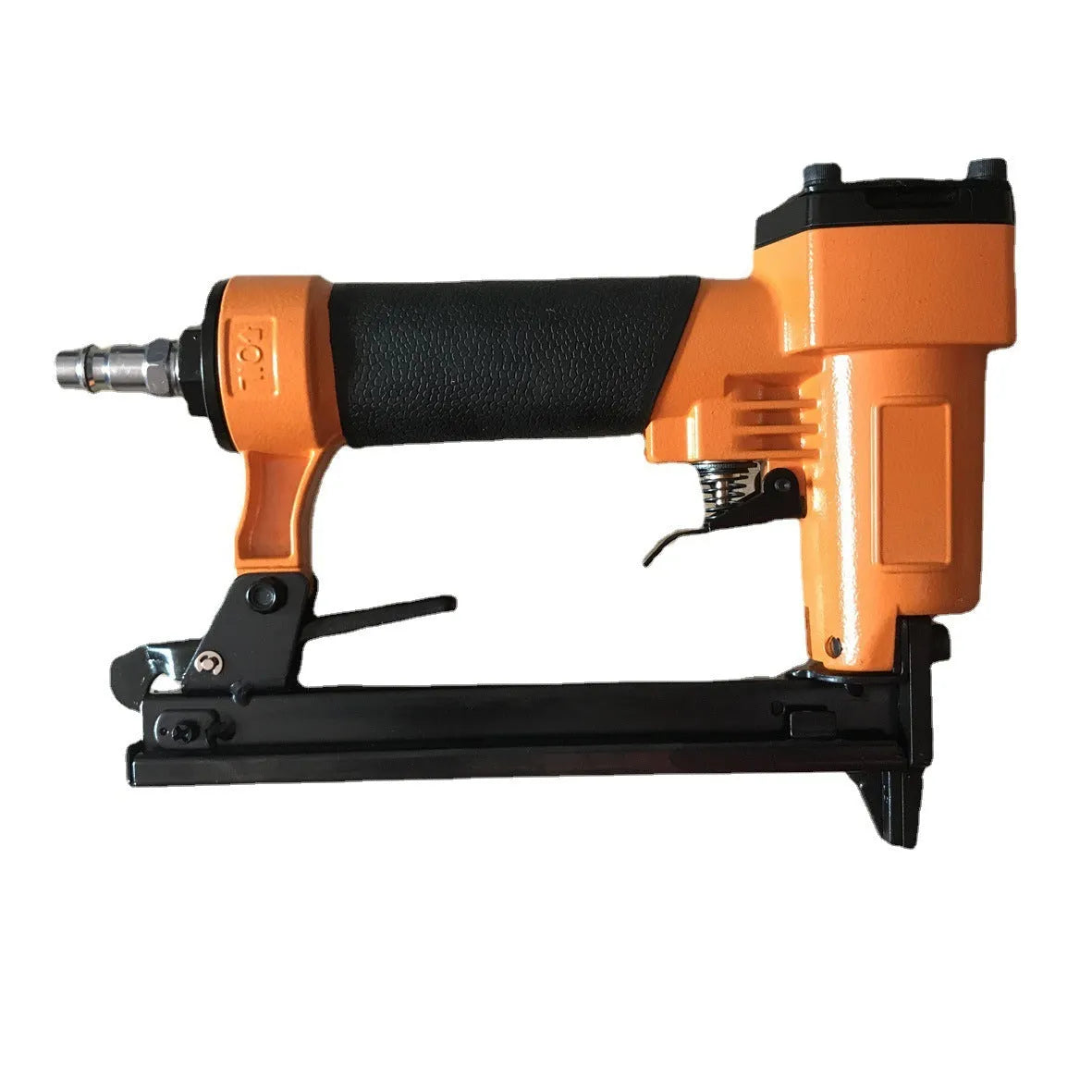 Blue and yellow U-type pneumatic strip nail gun for decoration and upholstery work.