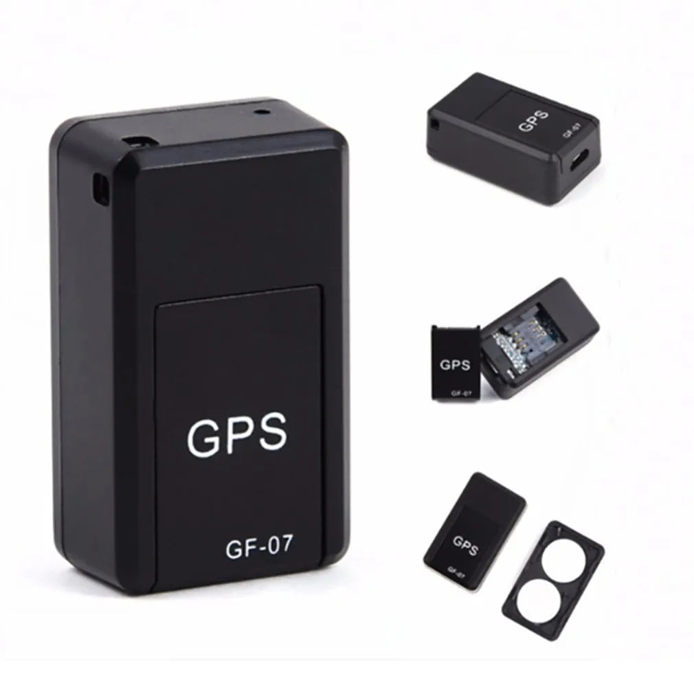 Black mini magnetic GPS car tracker device with compact rectangular design for vehicle attachment