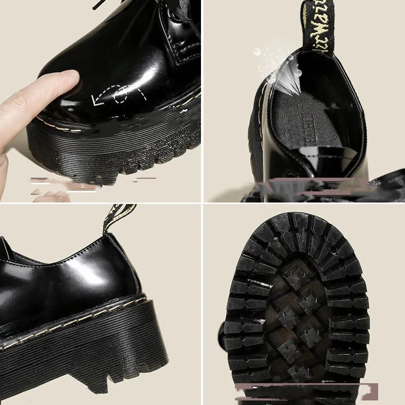 Women's black leather shoes with thick soles, ribbon cross-straps, and lace closure