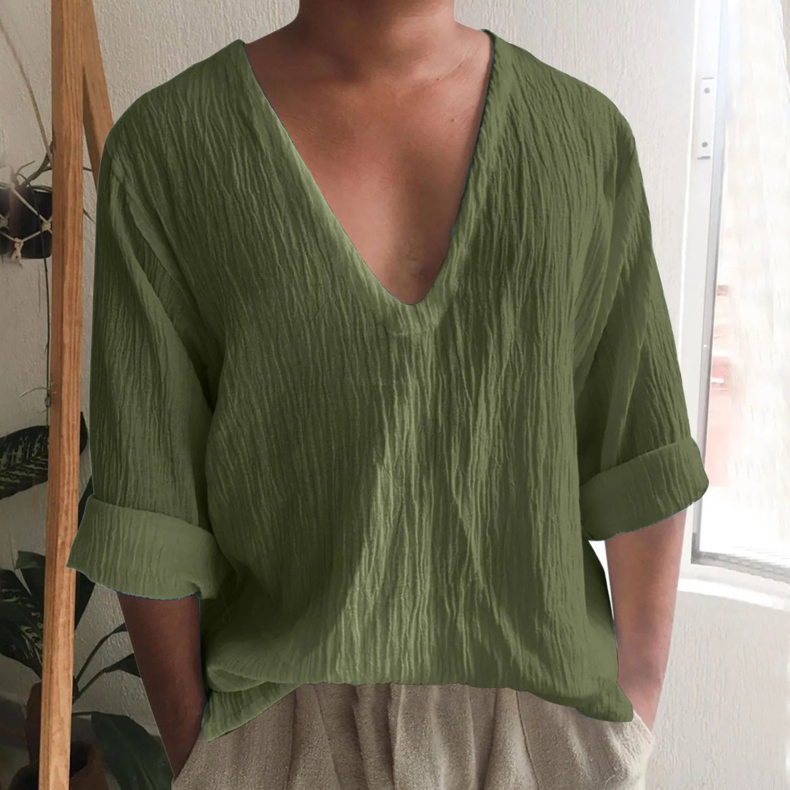 Men's long sleeve V-neck t-shirt in washed cotton fabric, solid colour options on hanger