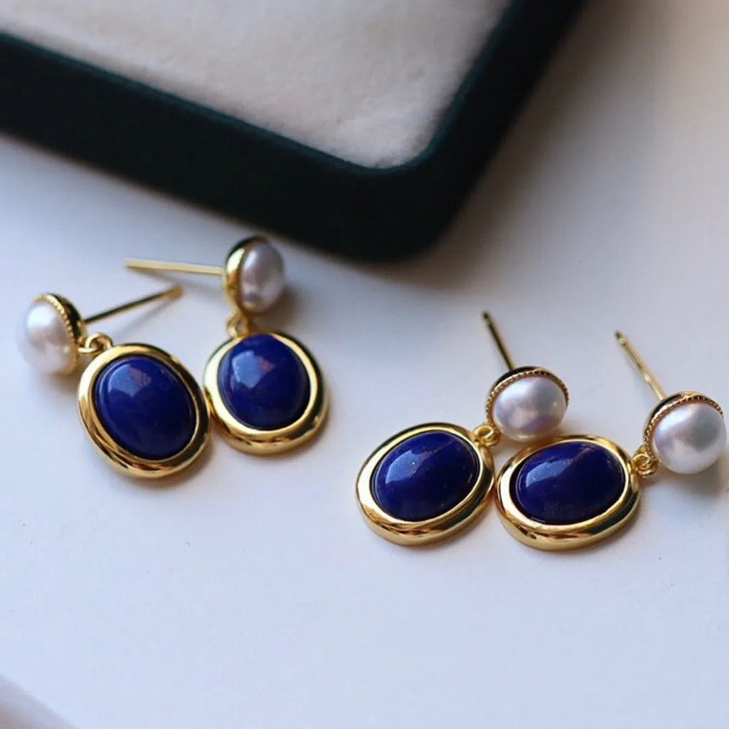 Lapis lazuli pearl earrings in 925 silver with auspicious pattern detailing