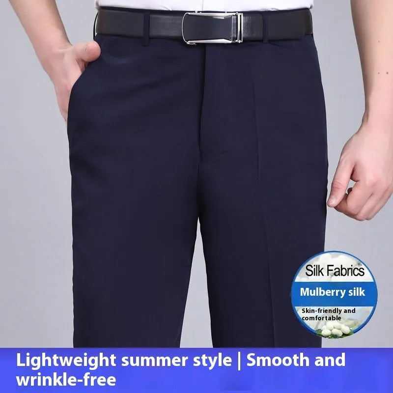 Men's straight-leg mulberry silk blend dress trousers in black on a hanger