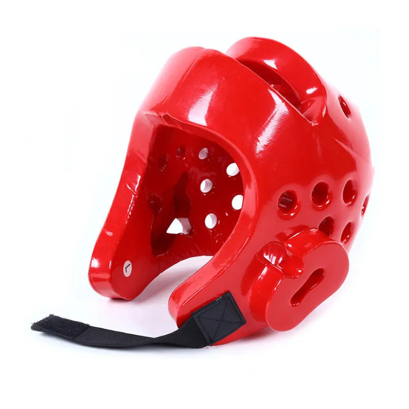 Karate taekwondo protective gear set with red leg guard, helmet, and boxing gloves for martial arts training
