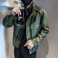 Men's black PU leather Korean-style biker jacket with straight hem and side pockets