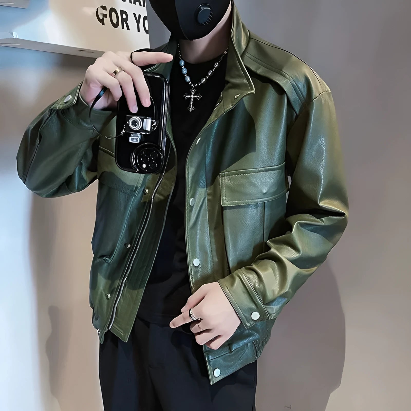 Men's black PU leather Korean-style biker jacket with straight hem and side pockets