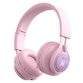 Wireless children's headphones in bunny pink and purple with RGB lights and power display