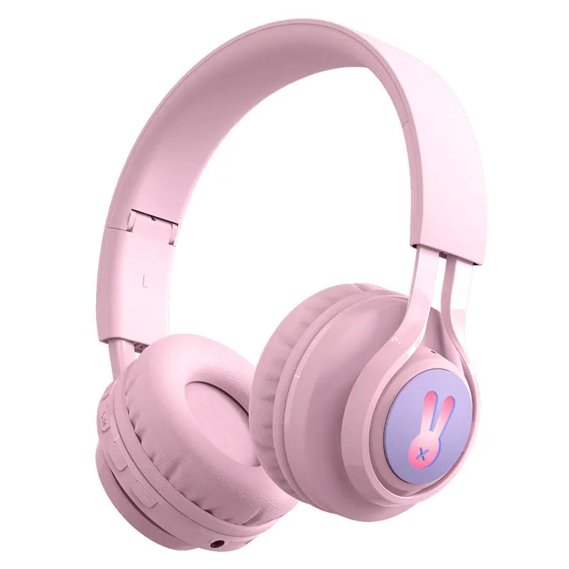 Wireless children's headphones in bunny pink and purple with RGB lights and power display