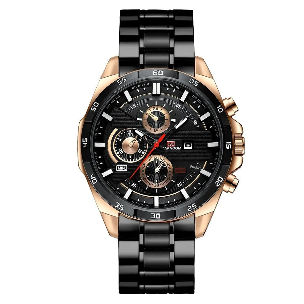 Men's waterproof quartz watch with calendar function in black and rose gold combination
