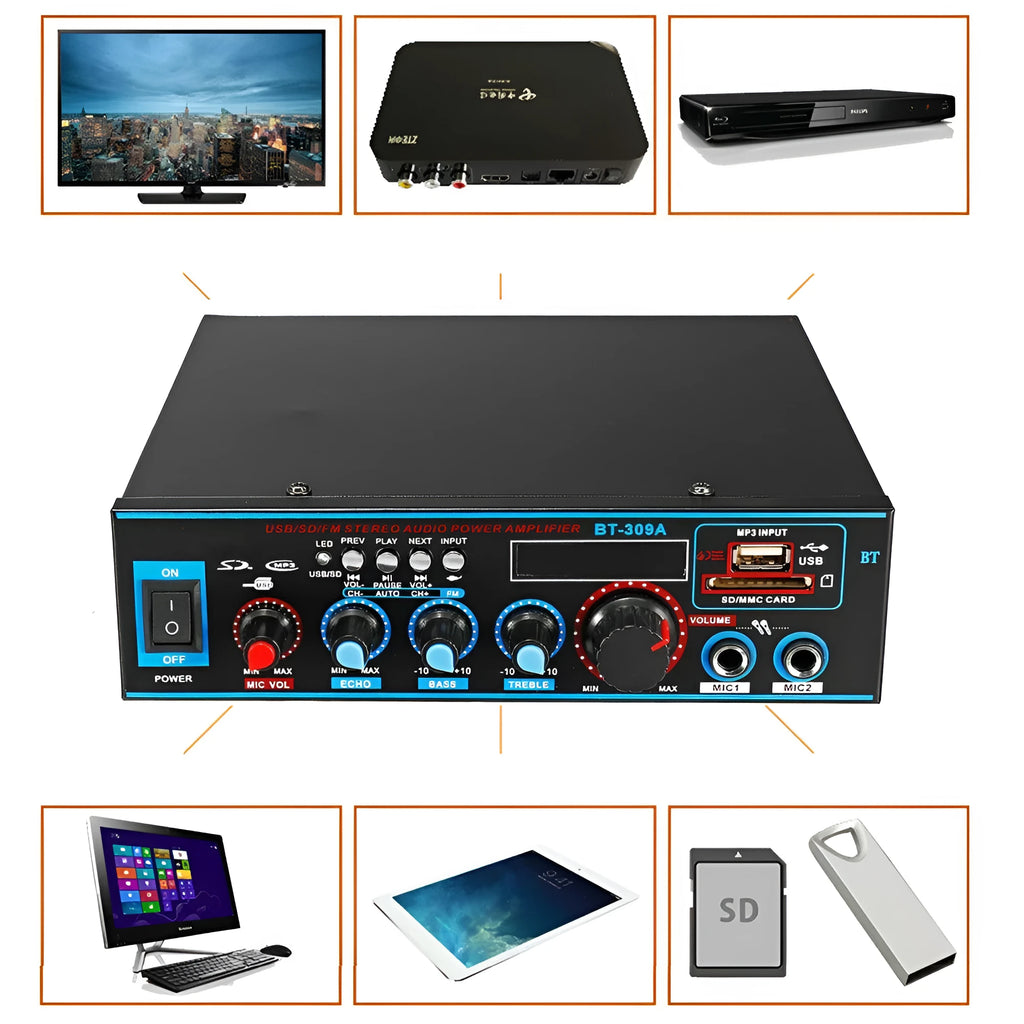 Black iron dual-purpose power amplifier body with Bluetooth and FM for home and car use, 20cm size with remote control