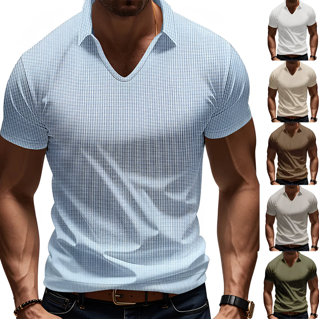Men's casual V-neck short sleeve t-shirt in cotton blend fabric available in six colours with loose fit