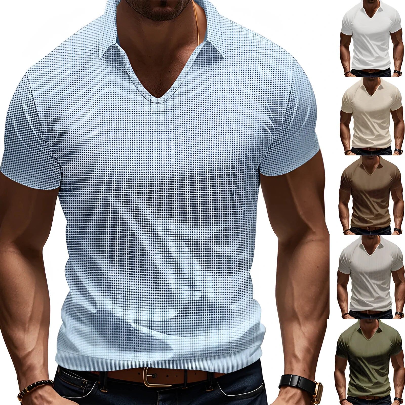 Men's casual V-neck short sleeve t-shirt in cotton blend fabric available in six colours with loose fit