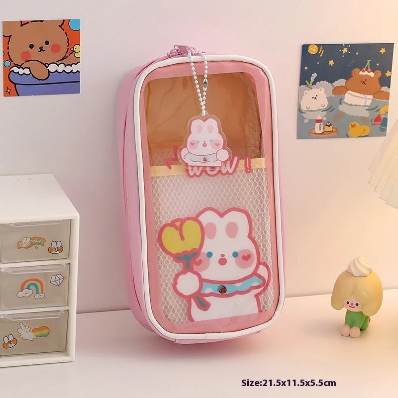 Transparent cartoon pencil case with large capacity and vertical South Korea style patterns