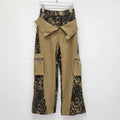 Dark khaki women's jeans with leopard print tooling style and straight leg high waist design