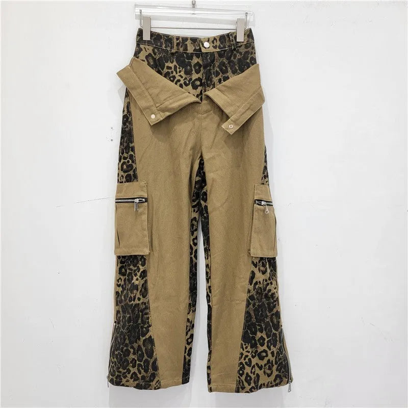 Dark khaki women's jeans with leopard print tooling style and straight leg high waist design